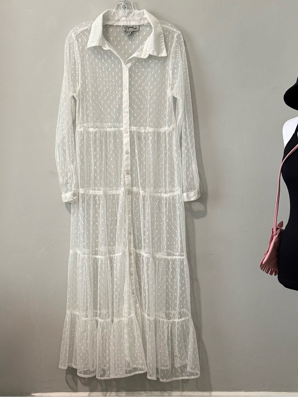 Vintage Spoon Jeans white polka dot tulle sheer maxi dress. Sz. Large